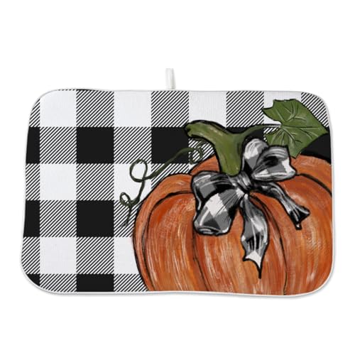 Fall Dish Drying Mat 18 x 24 Inch Thanksgiving Buffalo Plaid Pumpkin Drying Mat for Kitchen Counter Absorbent Farmhouse Autumn Orange Pumpkin Dishes Dry Pad for Drainer Rack Kitchen Fast Dry (Buffalo Plaid Pumpkin / 18" x 18")