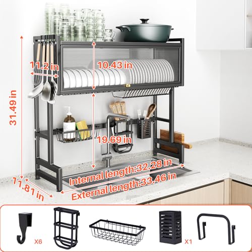 Over The Sink Dish Drainer Drying Rack 3 Tiers with Cover (Black / 33.4in)