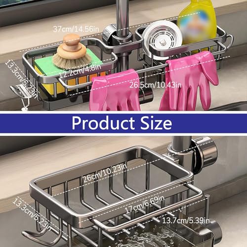 Kitchen Sink Faucet Organizer Multifunction Sponge Holder Organizer Sink Drain Holder Over Faucet Kitchen Sink Caddy with Hook Adjustable for 0.7 (Large / Silver)