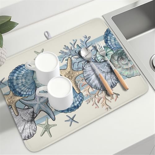 Nautical Coastal Dish Drying Mat for Kitchen Counter Summer Beach Seashell Starfish Microfiber Dish Drainer Mat Ocean Blue Pattern Absorbent Washable Drying Pad Extra Large 18"x24" (Summer Seashell / 24" x 18")