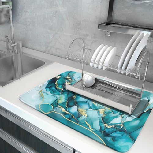Teal Marble Dish Drying Mat Turquoise Blue Marbling Print Dish Drainer Mats 18"x24" Modern Granite Microfiber Reversible Dish Drying Rack Pad Protector for Kitchen Countertop Decor (24" x 18")