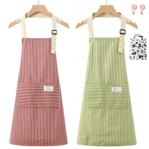 Aprons For women With Pockets Aprons For Soft Apron With An Adjustable Neck Strap (Thin Green Stripes + Thin Red Stripes)