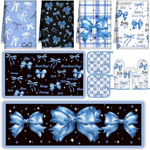 10 Pcs Blue Bow Kitchen Decor Set Dish Towels Kitchen Rugs Oven Mitts and Pot Holders for Cooking Baking Grilling Women Mom Gift (Bright Blue, Black / Bow)