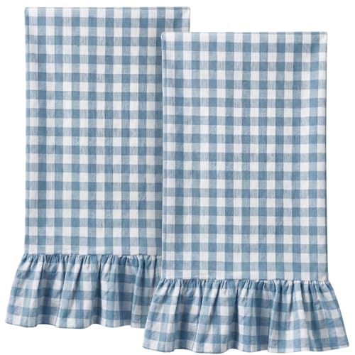 2 Pcs Dusty Blue Gingham Kitchen Towels Cotton Ruffle Dish Towel (Dusty Blue / Gingham)
