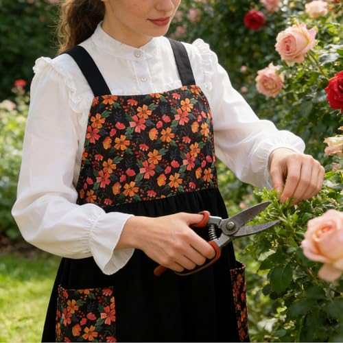 Cotton Linen Apron Cross Back Apron for Women with Pockets Pinafore Dress (Floral Black)