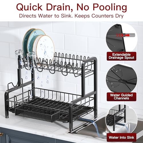 2 Tier Black Stainless Steel Dish Drying Rack for Kitchen Counter (Black / 12.4" D x 17.1" W x 14.2" H)