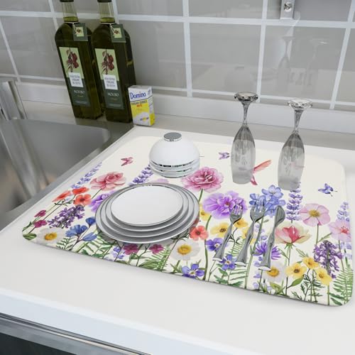 Hummingbird Flower Dish Drying Mat 18x24 inch Watercolor Spring Herb Floral Dish Drainer Mats Wildflower Plant Reversible Microfiber Dish Drying Pad for Kitchen Countertop Large Decor (24" x 18")