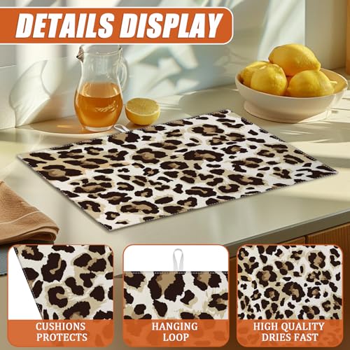 Brown Leopard Dish Drying Mat for Kitchen Counter Microfiber Absorbent Dish Kitchen Drying Mat Draining Reusable Washable for Dishes