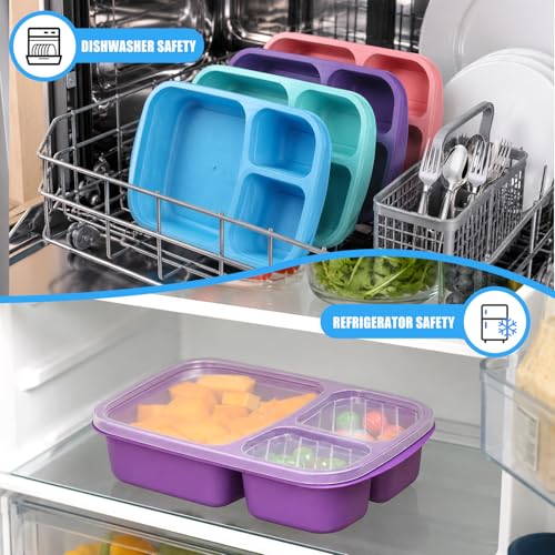 4 Pack Bento Lunch Box Set 3 Compartment Food Storage Containers Wheat Straw Meal Prep Lunch Box Plastic Food Storage Containers (4 Pack (Vivid Colors))