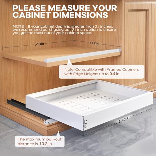 2 Pack Expandable Pull Out Cabinet Organizer 16.5"Deep with Raising Pad for Framed Cabinets (White / 16.5"D x 12.2"-20.4"W(2Pack))