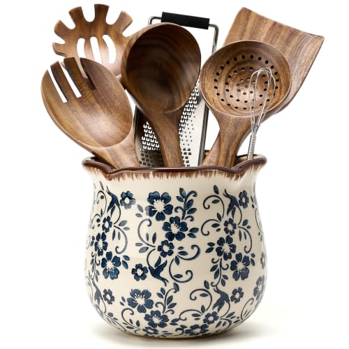 5.75" H Blue Wide Cooking Utensil Holder for Kitchen Counter (Blue Chinoiserie Floral)