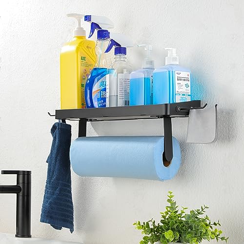 Wall Mounted Paper Towel Holder with Shelf for Garage (Black-garage)