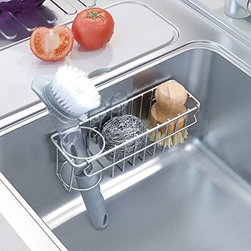3-In-1 Sponge Holder for Kitchen Sink with Suction Cups & Adhesive Hook , In-sink Sponge Holder, Wall Hanging Sink Caddy Organizer Rack - Sponge, Dish Cloth, Brush, Scrubber - 304 Stainless Steel (3-in-1 / Silver)