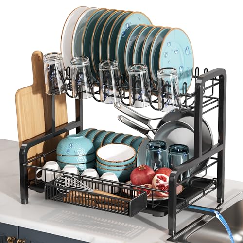 2 Tier Black Stainless Steel Dish Drying Rack for Kitchen Counter (Black / 12.4" D x 17.1" W x 14.2" H)