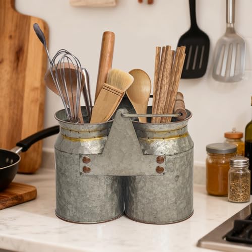 Set of 2 Rustic Galvanized Utensil Holders with Handles