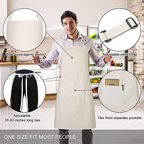 2 Pack 100% Cotton Aprons with 2 Pockets Cooking Chef Kitchen Adjustable Bib Apron for Women Men (Beige)