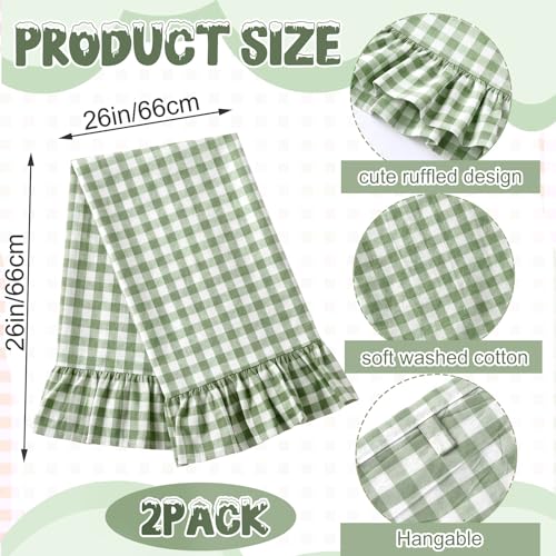 2 Pcs Green Gingham Kitchen Towels Cotton Ruffled (Green / Gingham)