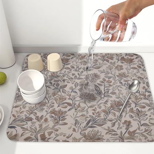 Vintage Floral Dish Drying Mat for Kitchen Counter Brown Antique Flower Microfiber Dish Drainer Mat Rustic Neutral Absorbent Washable Drying Pad 16"x18" (Vintage Floral / 18" x 16")