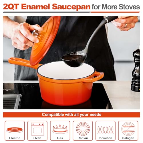 2 QT Cast Iron Saucepan (Orange / 2 Quarts)