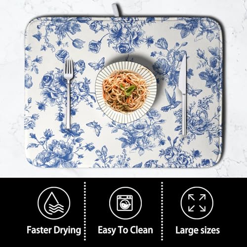 Dish Drying Mat for Kitchen Counter Blue and White Floral Drying Mats Chinoiserie Vintage Flowers Dish Drying Pad for Dishes Microfiber Absorbent Dish Drainer Rack Mat for Countertop 18x24 Inch (Floral Blue and White / 18" x 24")