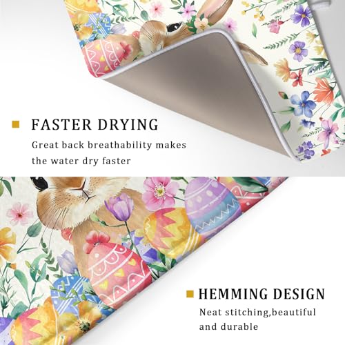 Easter Rabbit Dish Drying Mat Spring Flower Dish Drainer Rack Mats 18x24 inch Absorbent Microfiber Fast Dry Pad Kitchen Counter Accessories (Easter Rabbit Floral / 24" x 18")