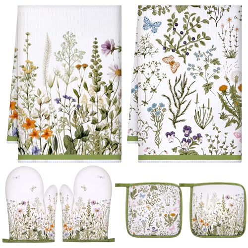 6 Wild Flower Kitchen Towels Oven Mitts and Pot Holders Sets (Green / Spring Flower)