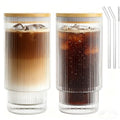 16OZ Ribbed Glass Cups with Lids and Straws (2*Glasses+2*Lids+2*Straws)