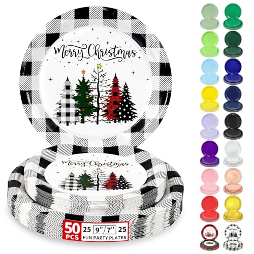 Fun Christmas Paper Plates (Christmas Black white Plaid / 50 Count (25-9" & 25-7"))