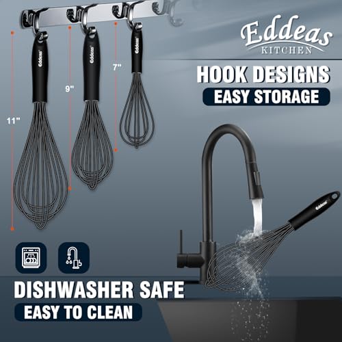 Whisks For Cooking Up To 500°F Silicone Whisk tool Non (7+9+11 inch / Black 3Pcs)