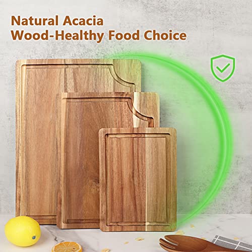 Acacia Wood Cutting Board Set with Juice Groove (15"L x 10"W / Light Brown)