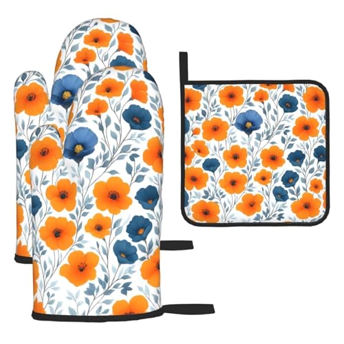 Spring Orange Blue Floral Oven Mitts and Pot Holders Sets of 3 (Orange and Blue Floral)