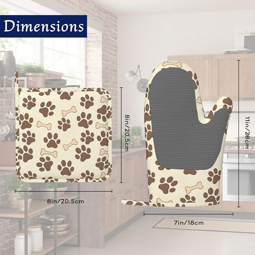 Dog Bone Paw Print Pot Holders and Oven Mitts Set Silicone Cute Animal Paws Kitchen Gloves Potholders Heat Resistant Washable (Dog Bone Paw Print,cute Animal Paws)