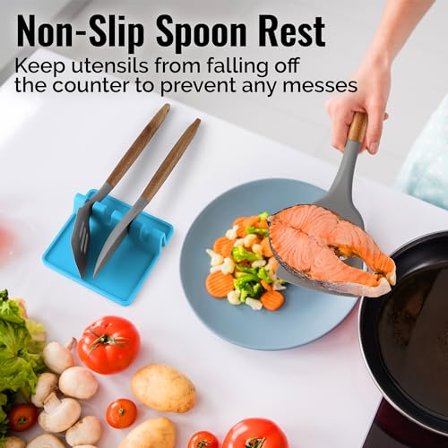 Silicone Utensil Rest with Drip Pad for Multiple Utensils (Medium / Blue)