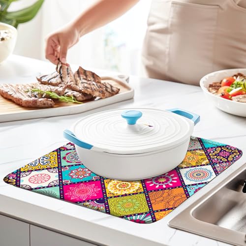 Plaid Floral Boho Counter Dish Drying Mat (BOHO 03 / 24" x 18")