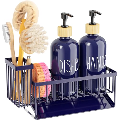 Kitchen Dish Soap Dispenser Set with 2 Pack 16.9oz Amber Glass Bottle and Sponge Holder (Navy Blue Set)