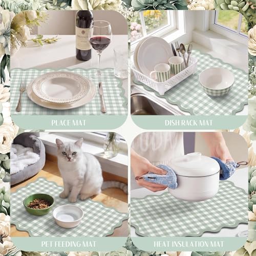 Green Scalloped Gingham Coffee Mat 12" x 20" Absorbent Bar Mat (Green / Gingham)