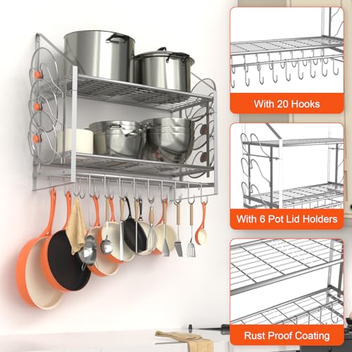 28 Inch Pot Rack Wall Mounted (28"W 2 Tier Silver)