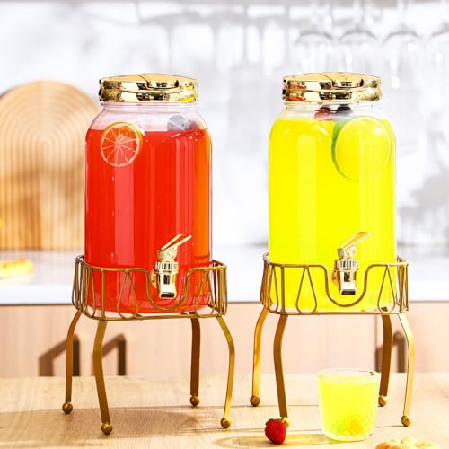 2 Pcs Plastic Drink Dispenser with Metal Stand 1 Gallon (Gold)