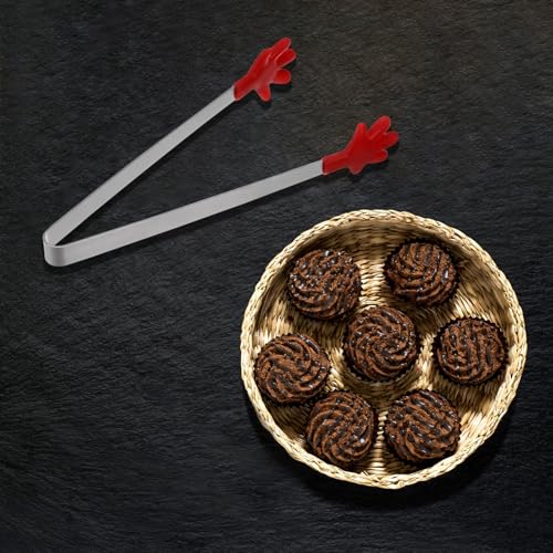 Mini Food Tongs 5.5" Pattern Shape Stainless Steel with Silicon Tips Small Cooking Tongs Kitchen Food Tongs Serving Tongs for Cooking Grilling BBQ Barbecue Kitchen (Red)