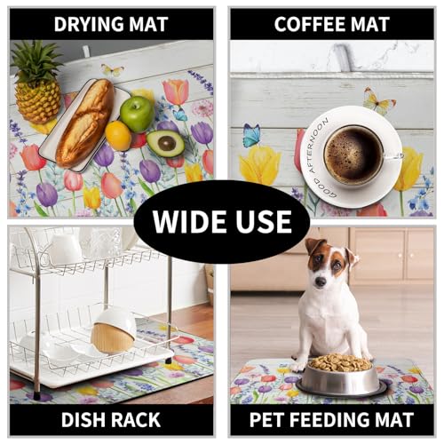 Tulip Floral Dish Drying Mat for Kitchen Counter Watercolor Spring Flower Dish Mat Absorbent Microfiber Dish Draining Mat Reversible Heat Resistant Dishes Pad Large 16 x 18 Inch (Spring Tulip Colorful / 16" x 18")