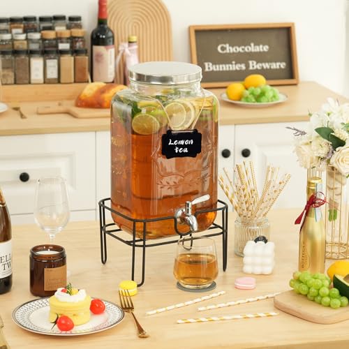 Bululuo 2 Gallon Glass Drink Dispensers for Parties with Stand & Spout (2 Gallon with Stand)