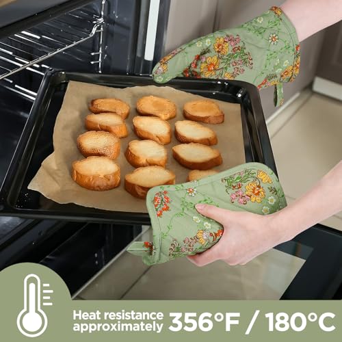 Oven Gloves Heat Resistant Potholder Set Oven Gloves with Anti (Sweet Flowers - Set)