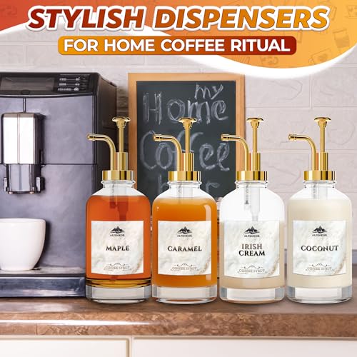 Set of 4 Glass Syrup Bottles with Pumps (Gold)