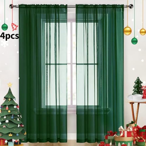 Foliage Green Sheer Curtains 4 Panels Rod Pocket Semi (Foliage Green / 52"W x 54"L (Pack of 4))