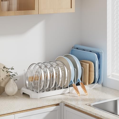 Pots and Pans Organizer under Cabinet (White / 12 Adjustable Dividers)