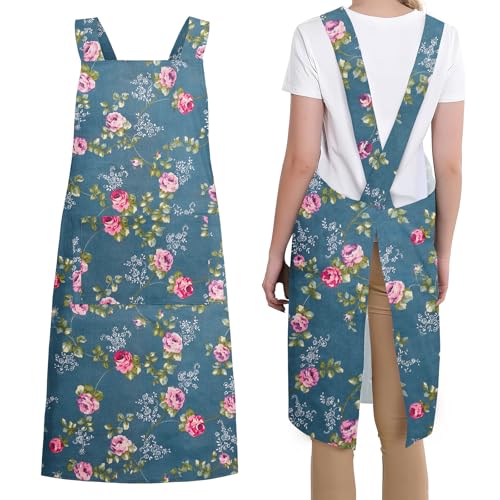 Japanese Style Apron with Pockets (00-floral Blue)