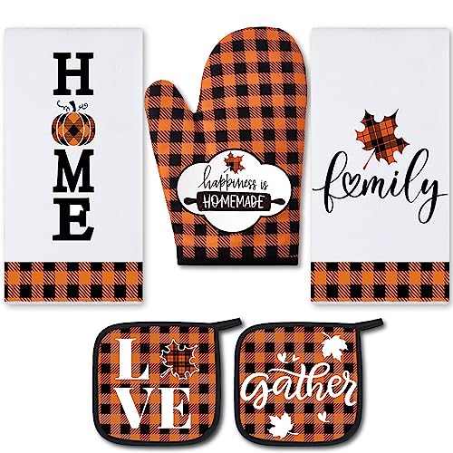 5 Pcs Fall Kitchen Towels Pot Holders and Oven Mitts Set