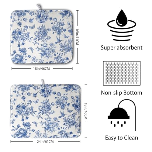 Dish Drying Mat for Kitchen Counter Blue and White Floral Drying Mats Chinoiserie Vintage Flowers Dish Drying Pad for Dishes Microfiber Absorbent Dish Drainer Rack Mat for Countertop 18x24 Inch (Floral Blue and White / 18" x 24")
