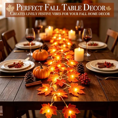 Fall Decor 2 Pack Fall Garland with Lights Enlarged Maple Leaves 20Ft 40LED (2 Pack)