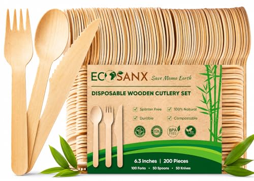 200 PCs Disposable Wooden Cutlery set 6.3" Splinter Free Compostable Utensils for party